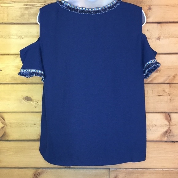 Andrew Marc | Blue Cold Shoulder Top Fringe Detail L - Picture 2 of 5